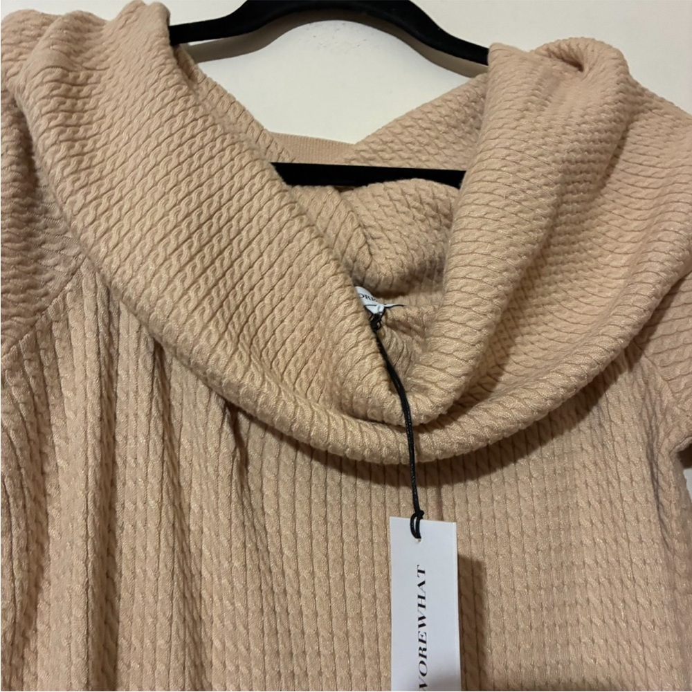 NWT WhoWoreWhat Off the Shoulder Cable Knot Long Sleeve Sweater Dress in Beige - Picture 7 of 13